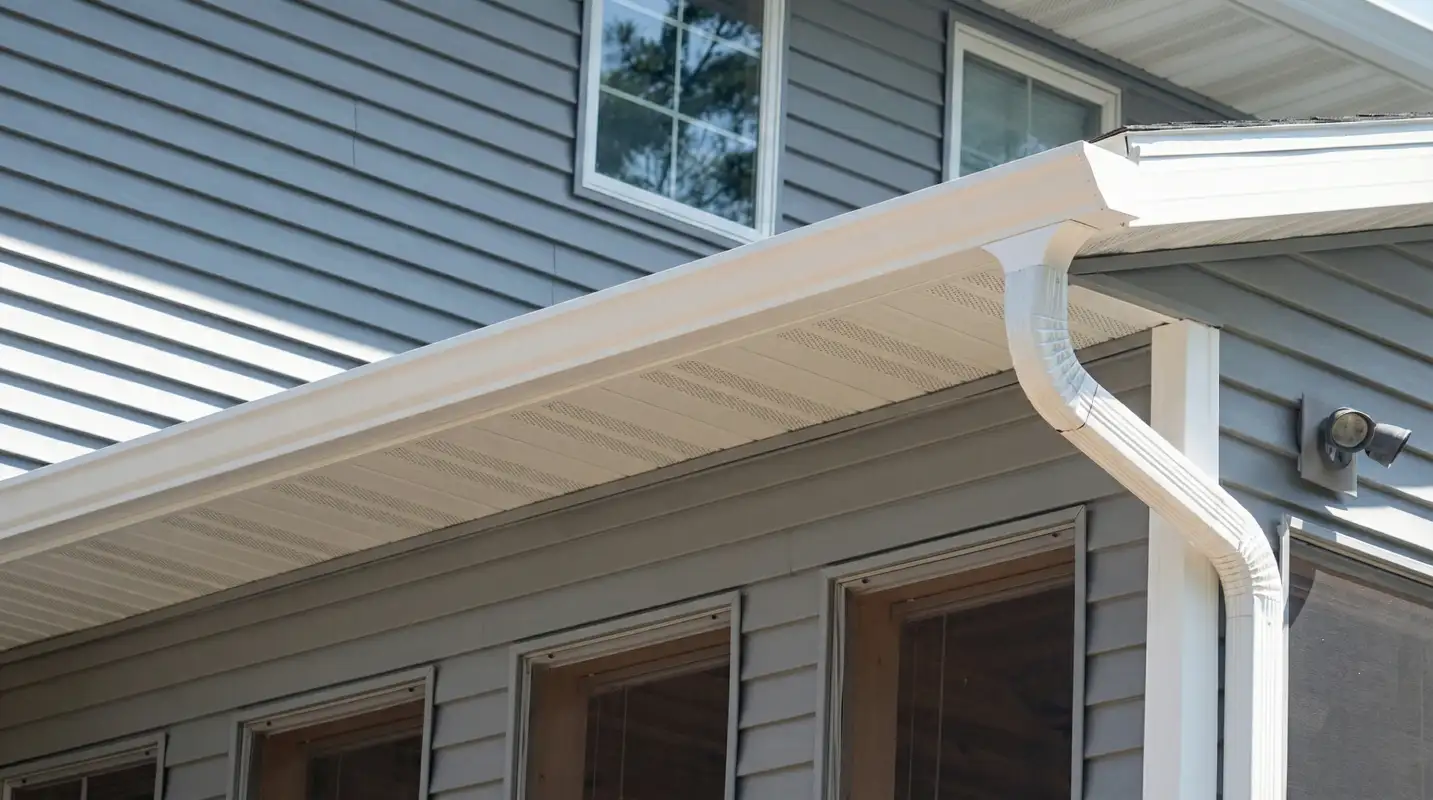 Professional home remodeling project showing newly installed white seamless gutters and downspouts on a house with gray siding in Columbia, SC