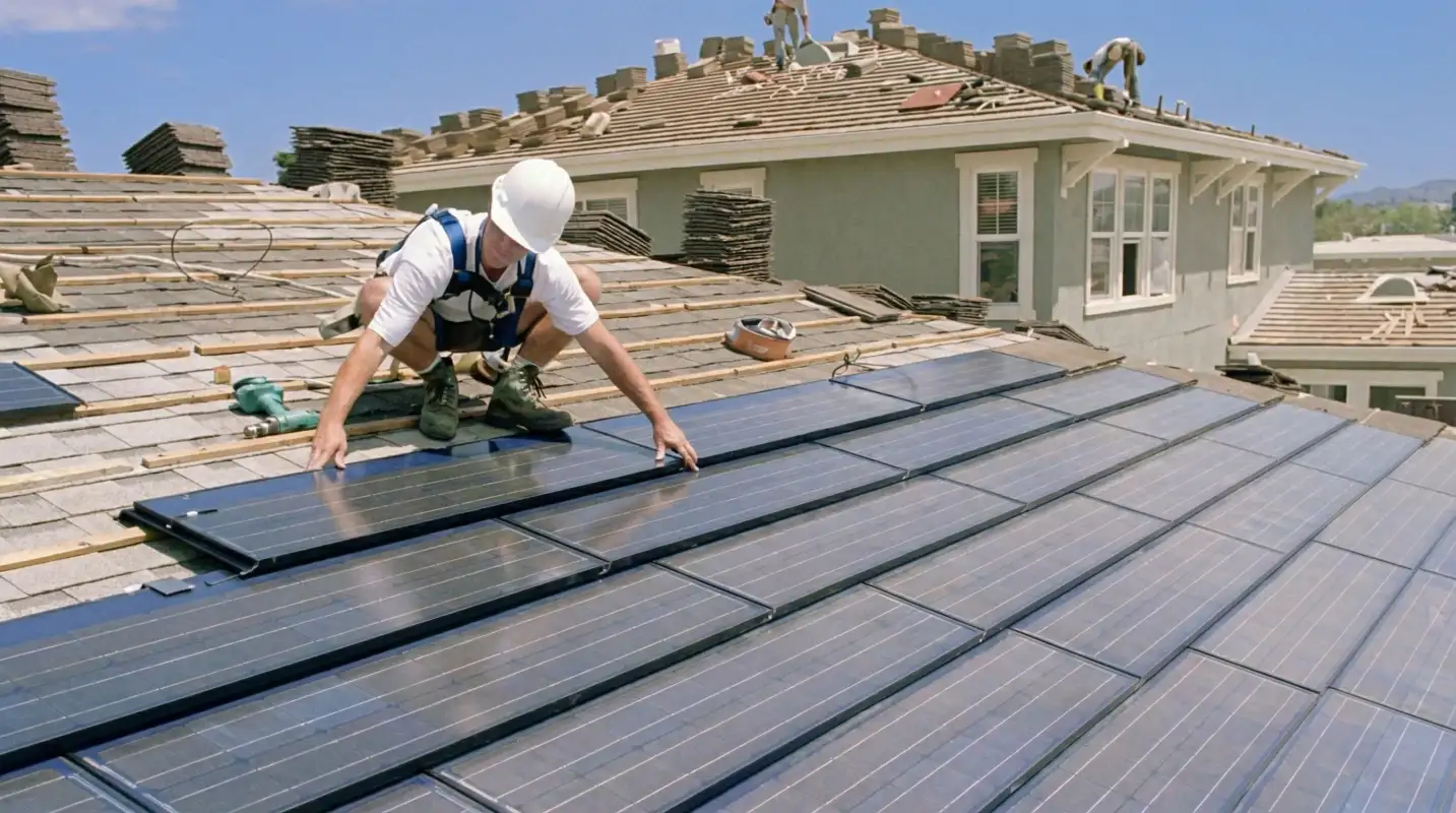Roof replacement expert installing modern solar shingles on a residential home in Columbia, SC