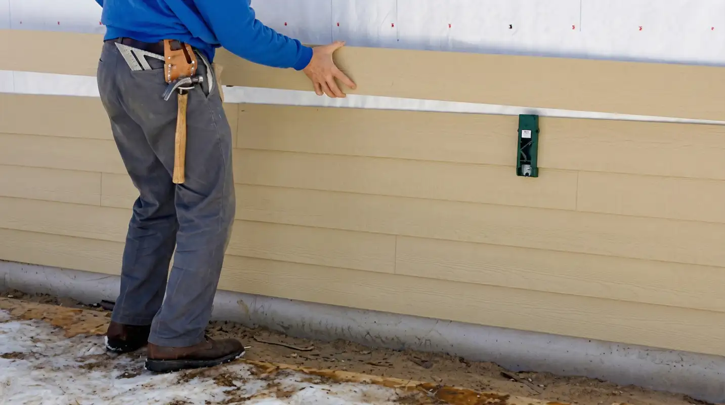 Siding replacement expert carefully aligning a new tan siding panel onto a residential exterior wall in Columbia, SC