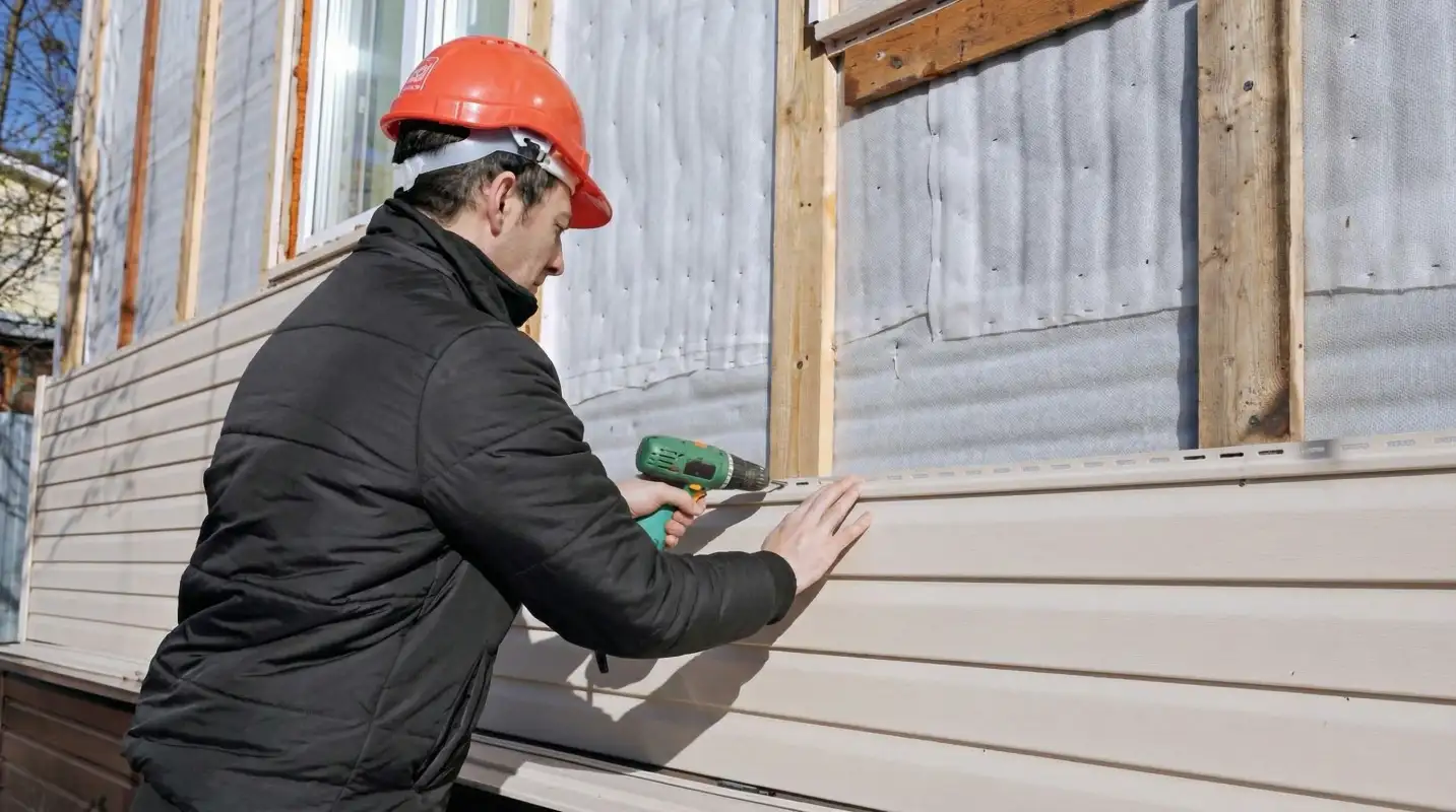 Siding replacement professional using a power drill to install new tan vinyl siding on a home exterior in Columbia, SC