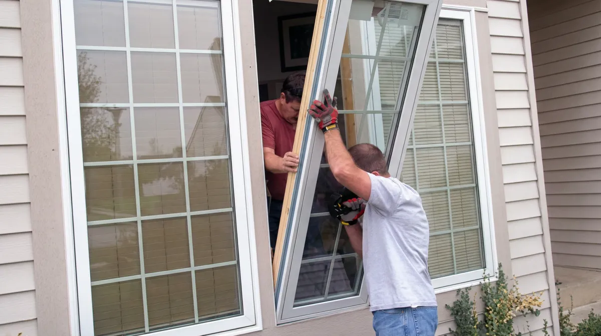 Professional home remodeling team installing a large replacement window on a house with tan siding in Columbia, SC